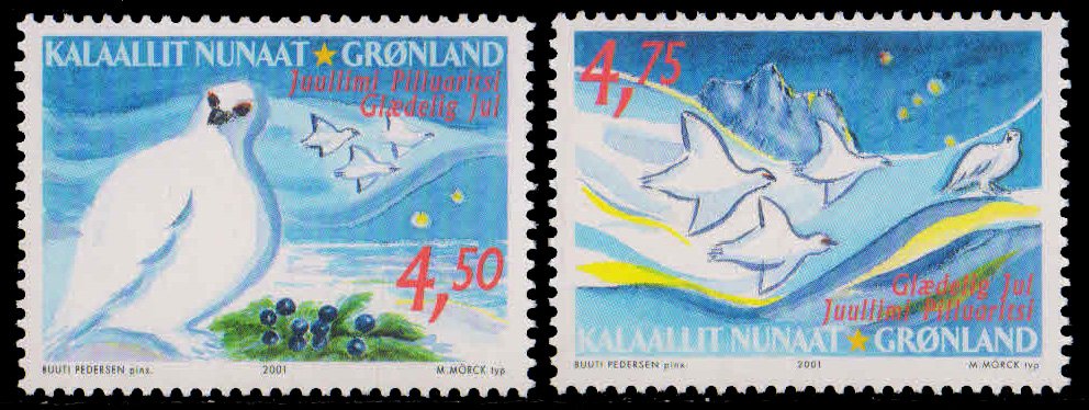 GREENLAND 2001-Christmas, Rock Ptarmigan and Berries, Doves Flying, Set of 2, MNH, S.G. 398-399-Cat £ 4-