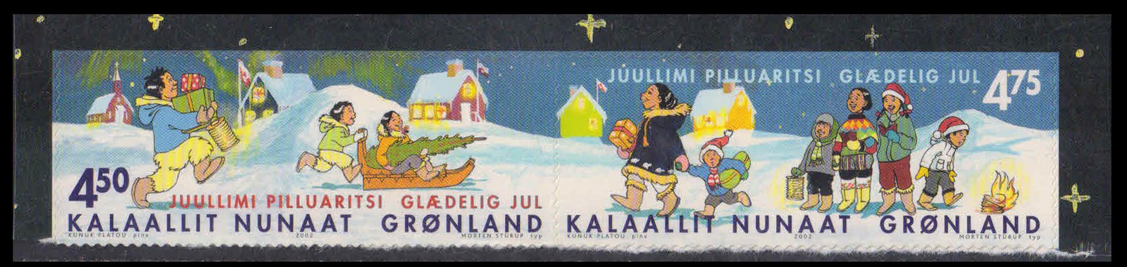 GREENLAND 2002-Christmas, Man Carrying Gifts and Children on Sledge, Se-Tenant Pair, S.G. 415-418-Cat � 4.40