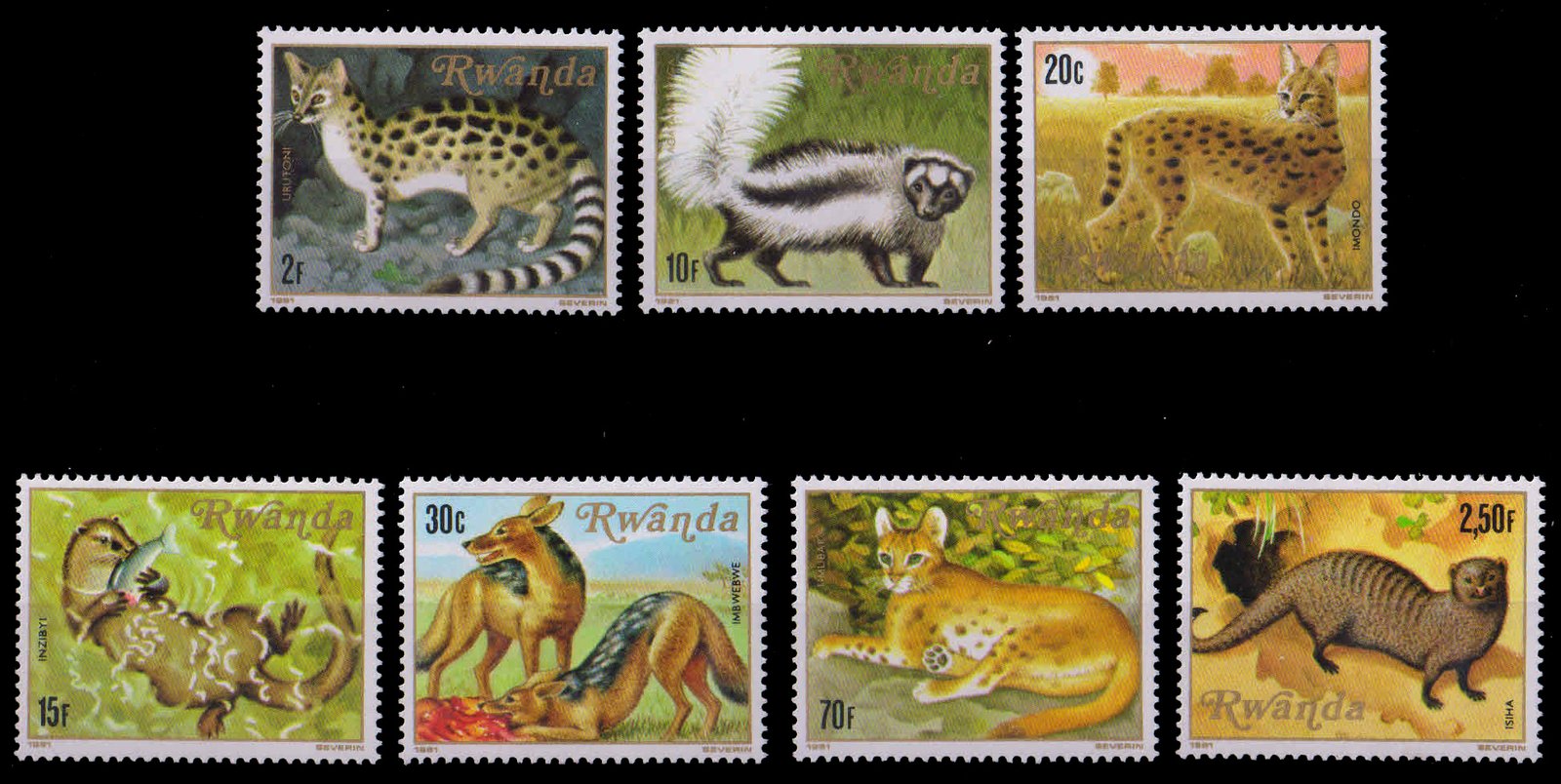 RWANDA 1981-Carnivorous Animals, Cat, Jackal, Serval Genet, Mongoose, Zorille, Set of 7 Stamps, MNH, S.G. 1049-1055-Cat � 9-
