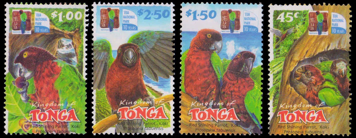 TONGA 2002-Eua National Park-Red Shining Parrot, Set of 4, MNH, S.G. 1571-1574-Cat � 6.50