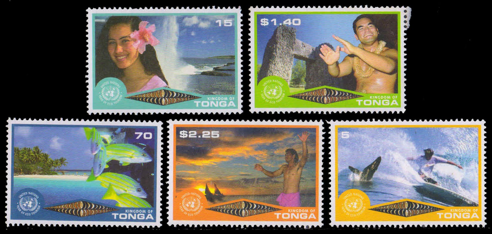 TONGA 2002-UN Year of Eco Tourism-Whale, Coastline, Fish & Beach, Dancer, Sunset, Set of 4 Stamps, MNH, S.G. 1513-1517-Cat £ 7-