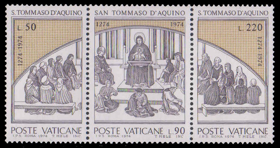 VATICAN CITY 1974-St. Thomas Aquinas, Founder of Fro Angelico School, Se-tenant of 3 Stamps, MNH, S.G. 616-618