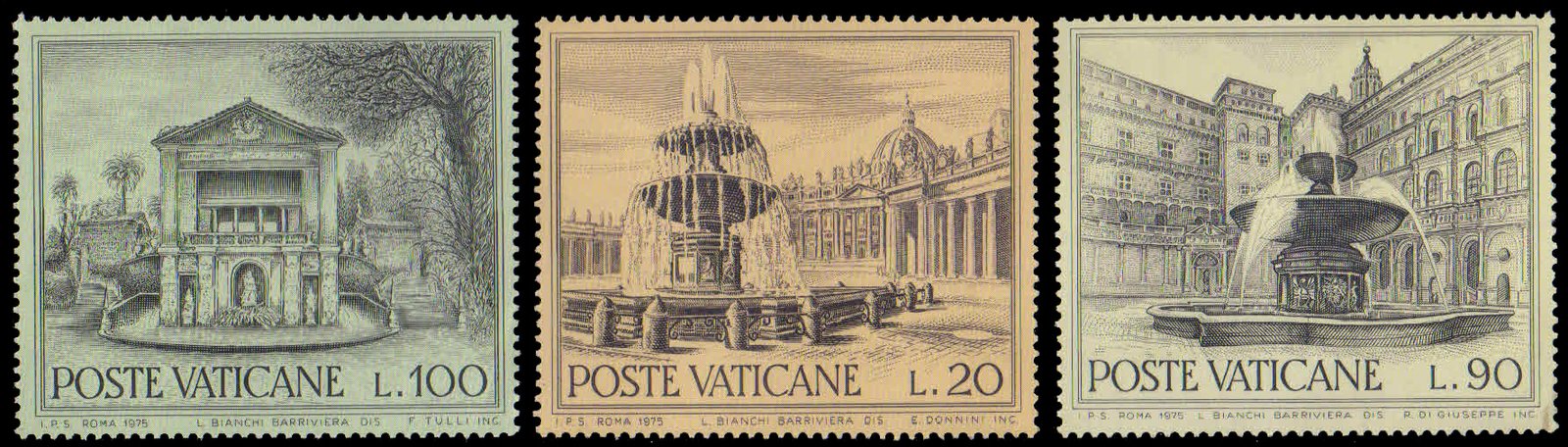 VATICAN CITY 1975-European Architectural Heritage Year, Fountains, 3 Different Stamps, MNH, S.G. 633, 636, 637