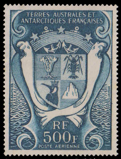 FRENCH SOUTHERN & ANTARCTIC TERRITORY 1969-Territorial Arms, Fish & Bird, 1 Value, Mint Gum Wash, S.G. 57-Cat £ 24-