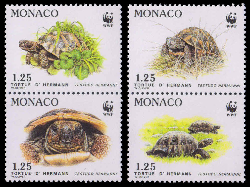 MONACO 1991 - Endangered Species Hermann's Tortoise-WWF, Set of 4 Stamps, MNH, S.G. 2048-2051-Cat £ 8-