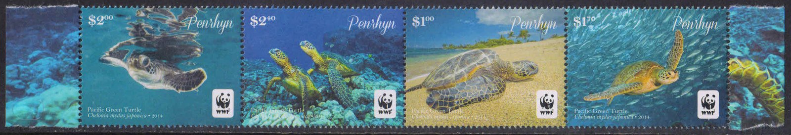 PENRHYN ISLAND 2014 - Endangered Species, Pacific Green Turtles on Sea Bed, Marine Life, WWF, Set of 4 Stamps, MNH, S.G. 645-648, Cat £ 10