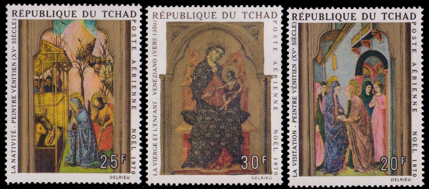 TCHAD 1970-Christmas, Virgin & Child, The Nativity, Venetian School, 15th Century, Set of 3 Stamps, MNH, S.G. 317-319-Cat £ 3.40