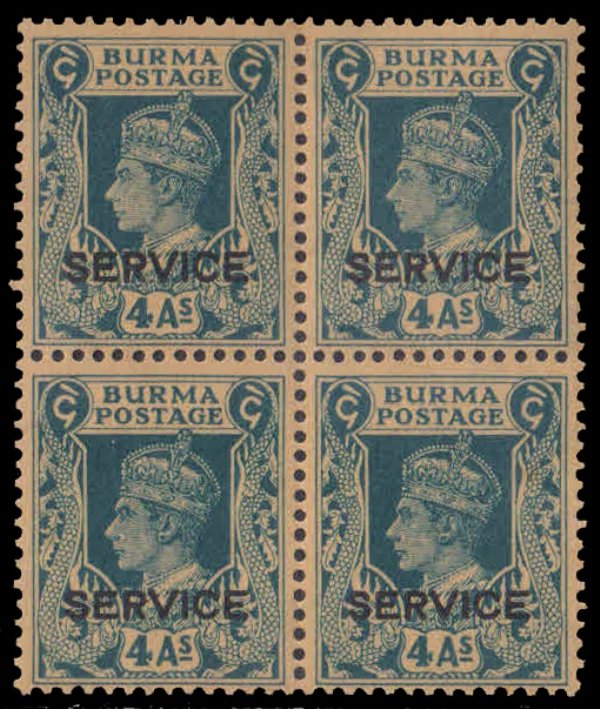 BURMA 1938-King George VI And 'NAGAS' 4 As, Blue, Overprint 'SERVICE' MNH, Block of 4, S.G. 022-Cat £ 4.50 each