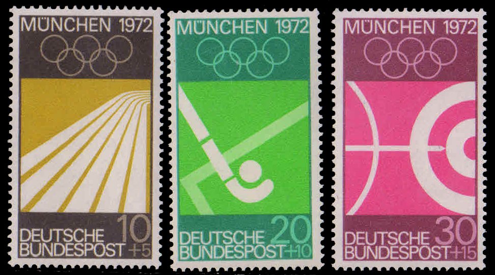GERMANY 1969-Olympic Games, Running Track, Hockey, Shooting Target, Set of 3, MNH, S.G. 1493-1495