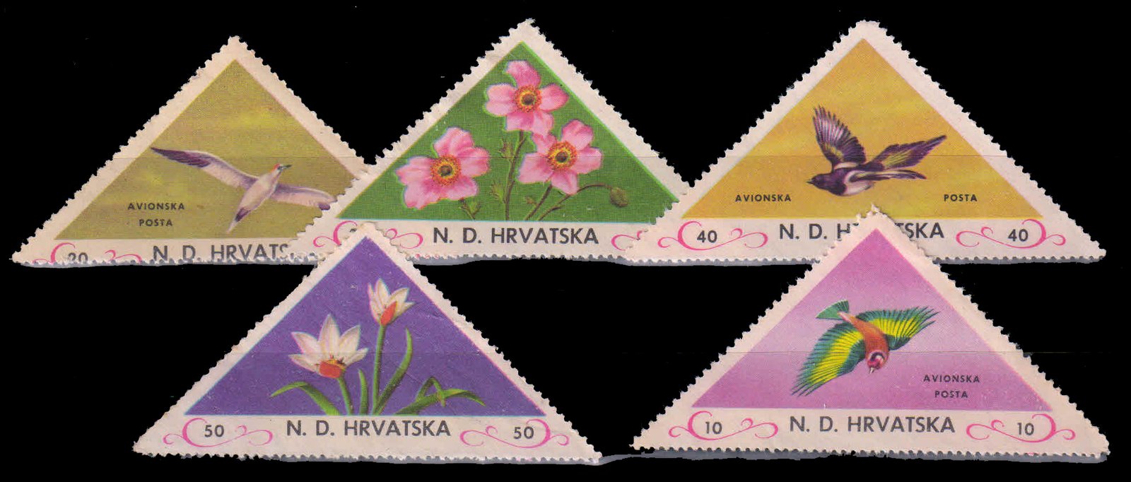 HRVATSKA-CROTIA-5 Different Triangular Shaped-Flora & Fauna-Mint & Used-Local Issues