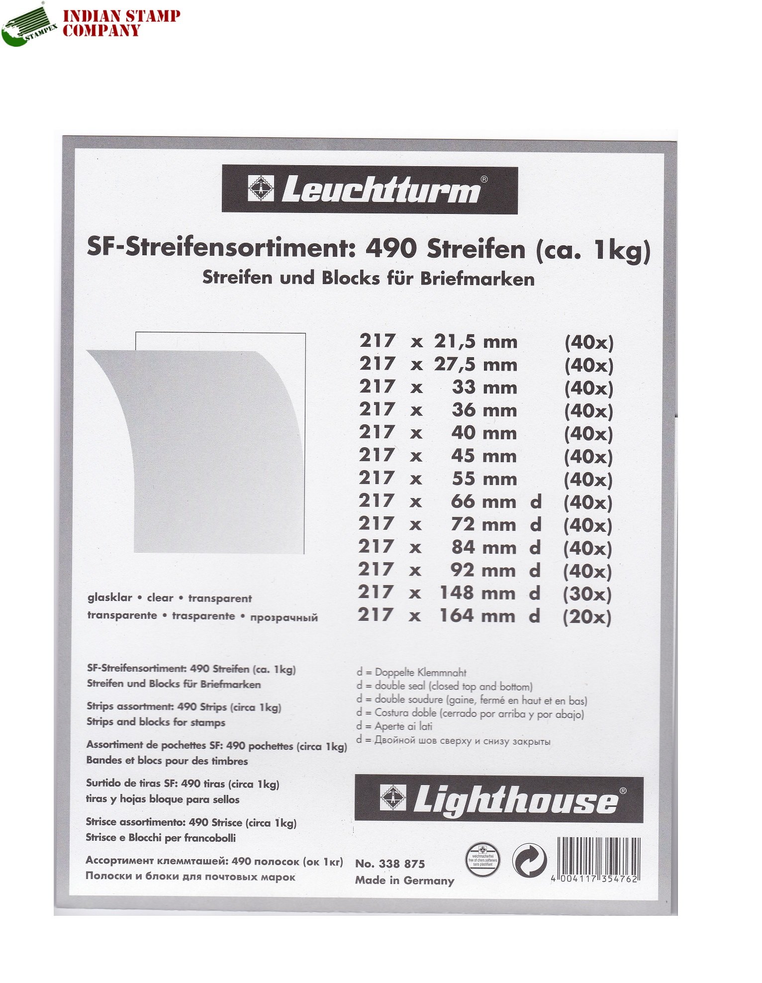 LIGHTHOUSE SF Clear (White) Stamp Mount – 01 Kg (490 strips), 13 different sizes x 217mm Long Strips
