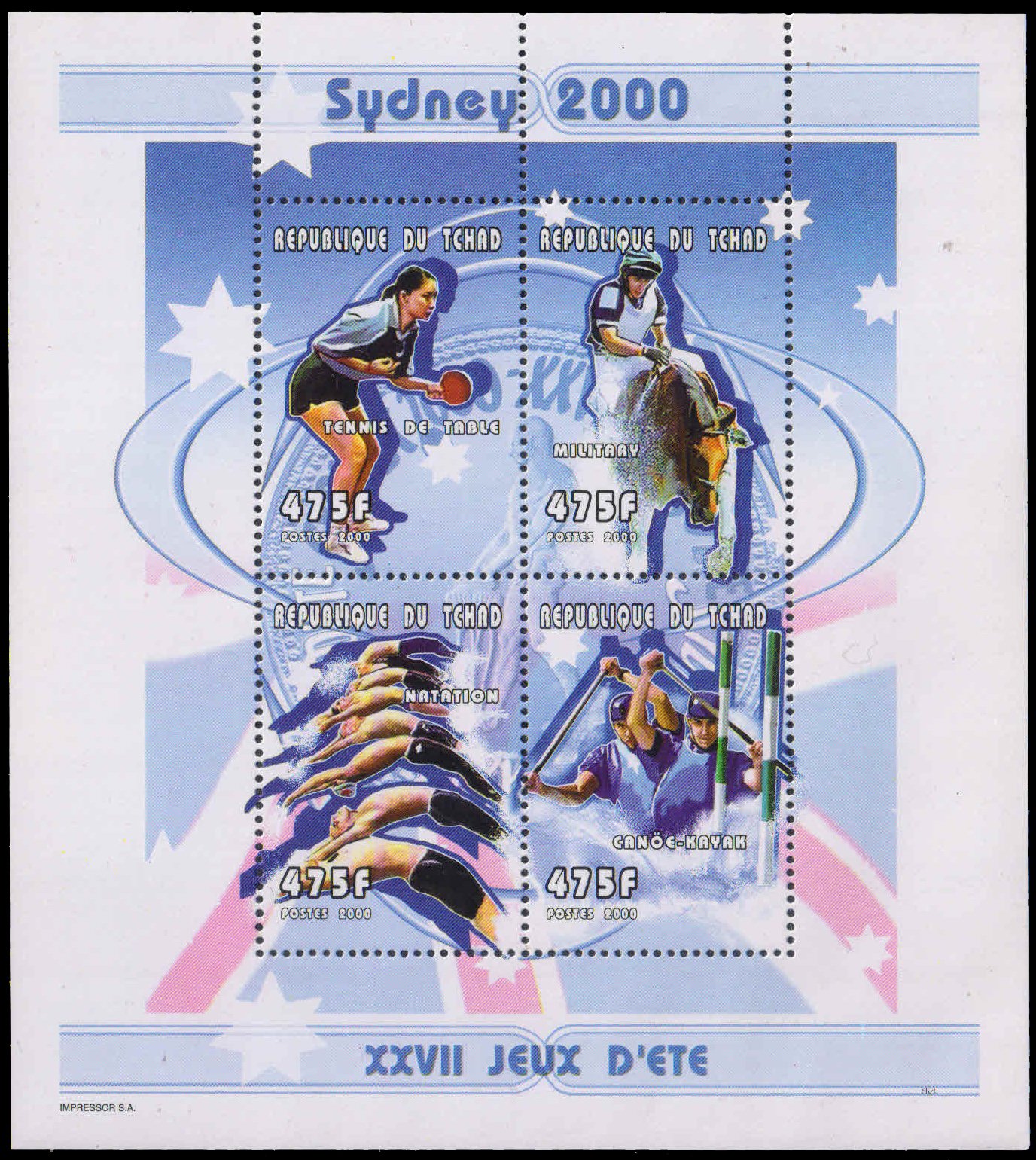 TCHAD 2000-Sydney Olympic-Table Tennis-Swimming, Military Horse Riding, Sheet of 4, MNH