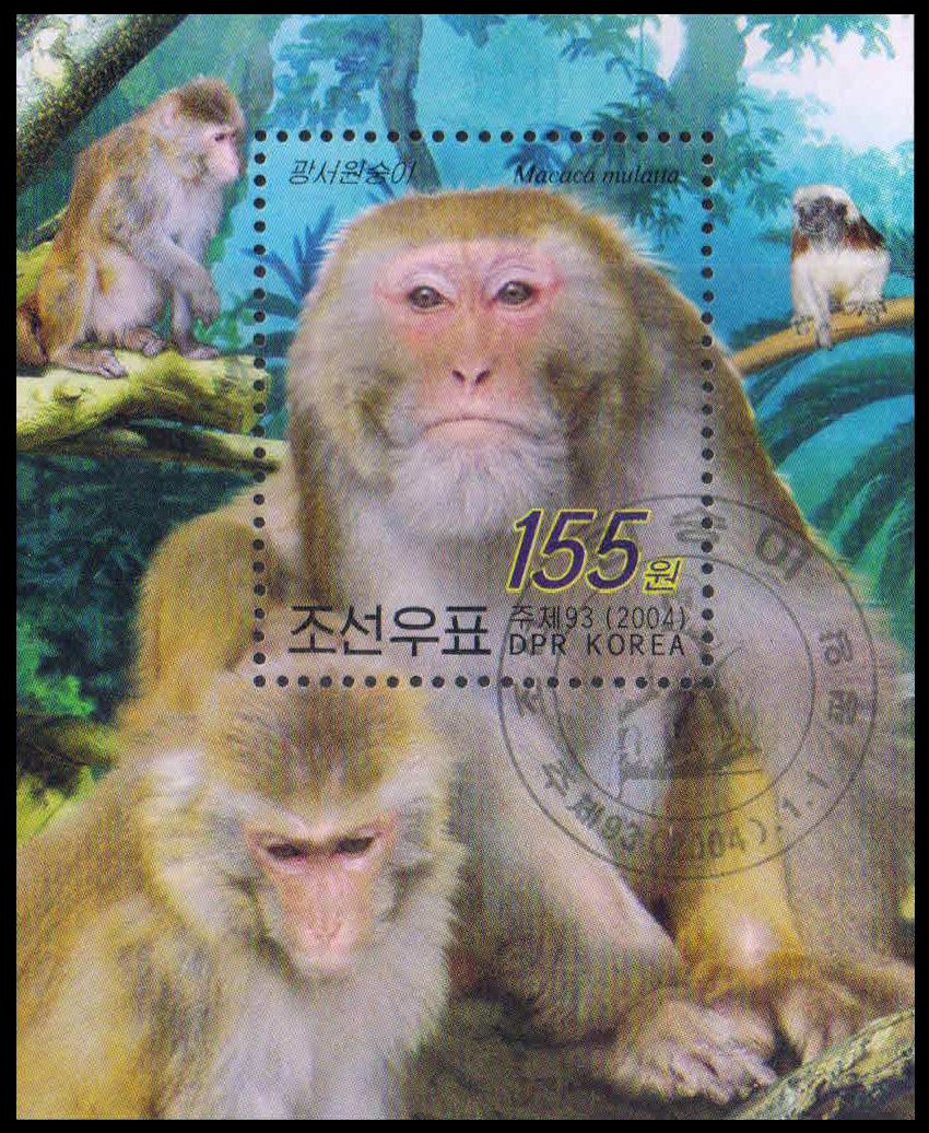 NORTH KOREA 2004-Monkeys, Macaca Mulatta M/S, MNH, First Day Cancelled, S.G. MS N 4356-Cat � 4.25