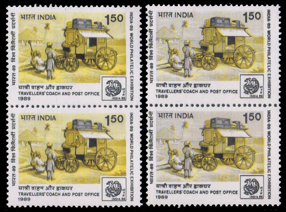 INDIA 1989-World Philatelic Exhibition, Travelers Coach, 2 Different Color Variety Pairs, S.G. 1359-MNH