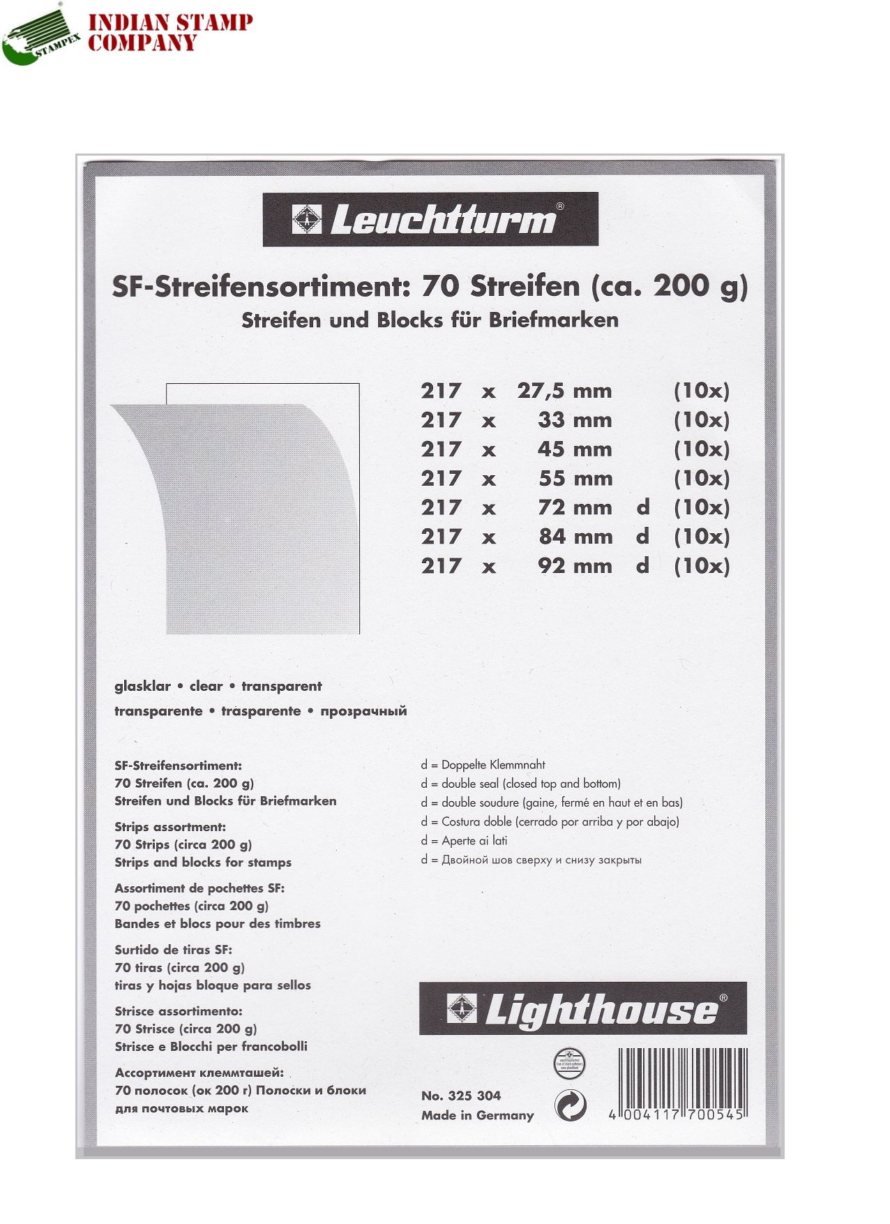LIGHTHOUSE SF Clear (White) Stamp Mount – 200 gms (70 strips), (10x) 7 different sizes x 217mm Long Strips