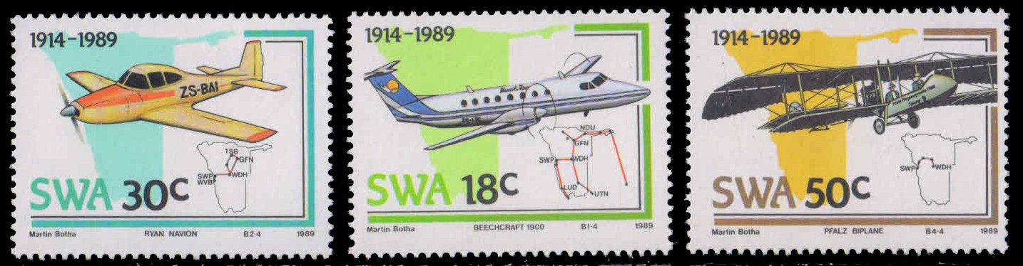 SOUTH WEST AFRICA 1989-Aviation in Africa, Aircrafts, Set of 3 Stamps, MNH, S.G. 507-510