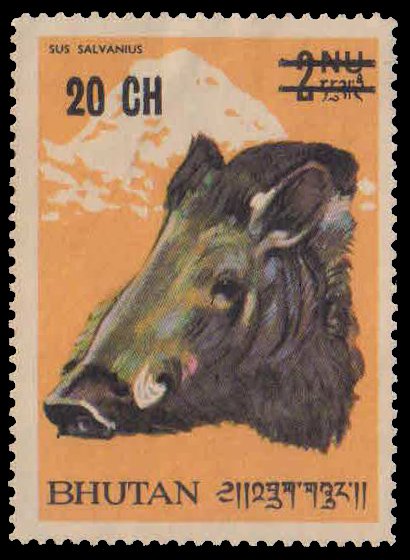 BHUTAN 1970-Animal Pygmy hog, Surchaged 20 Ch on 2 Nu, 1 Value, Mint Gum Wash, S.G. 225-Cat � 4.75