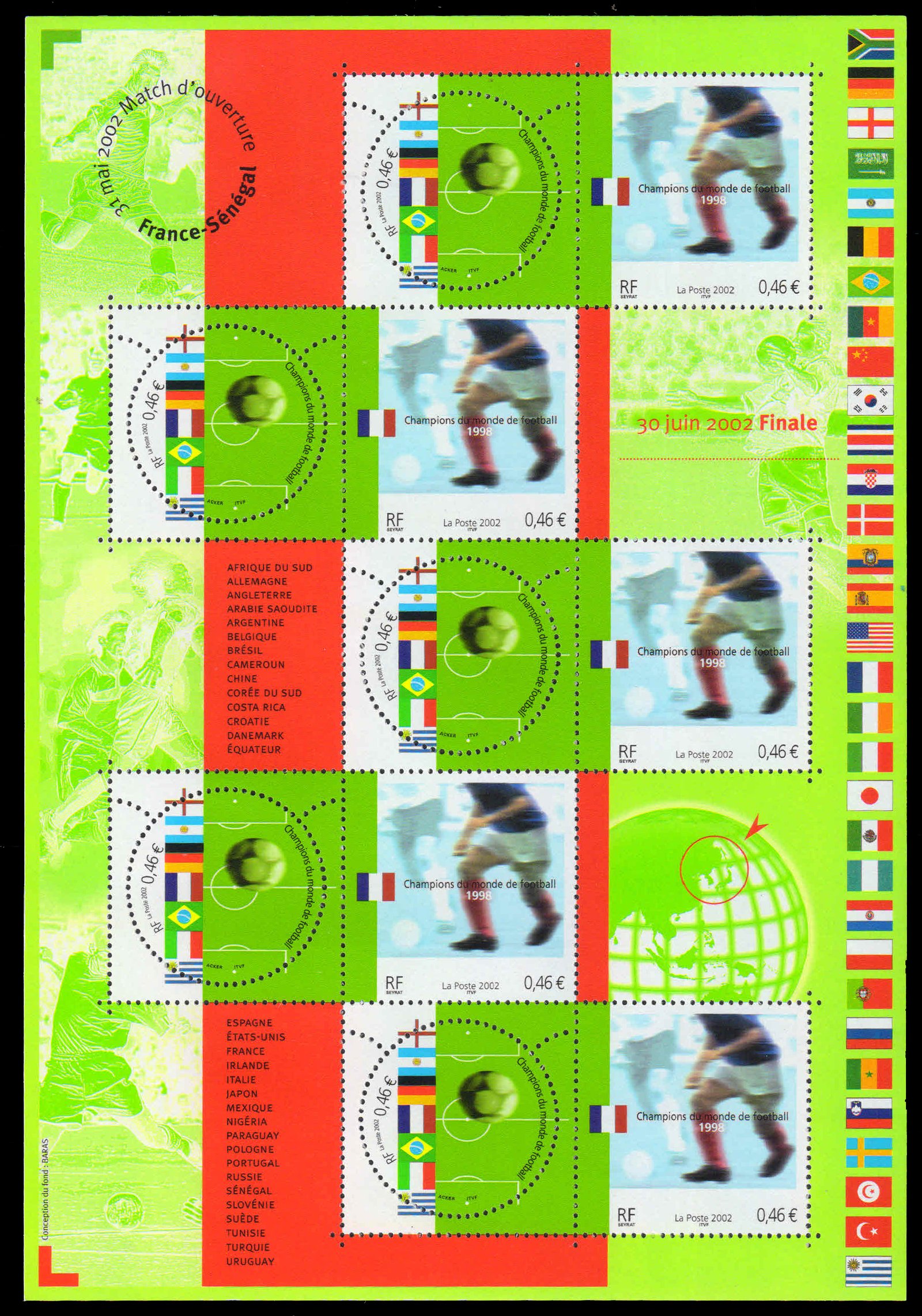 FRANCE 2002-World Cup Football Championship, Japan and South Korea, Sheetlet of 10 Stamps (2v x5), Round Stamps, S.G. MS 3823-Cat � 22-