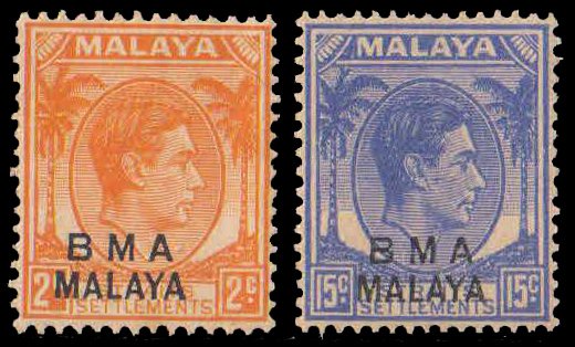 MALAYA (British Military Administration) 1945-Straits Settlements Stamp Overprint BMA MALAYA-King George VI, Set of 2, MNH, S.G. 2 & 12