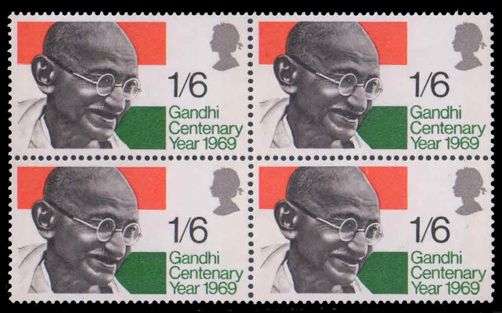 GREAT BRITAIN, England 1969-Mahatma Gandhi, Block of 4, MNH