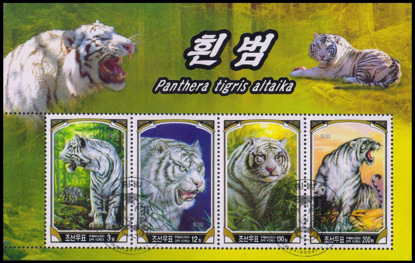 NORTH KOREA 2005-White Tiger, Wildlife, Set of 4 First Day Cancelled, M/S of 4 Stamps, S.G. MS N4525, Cat £ 9.50