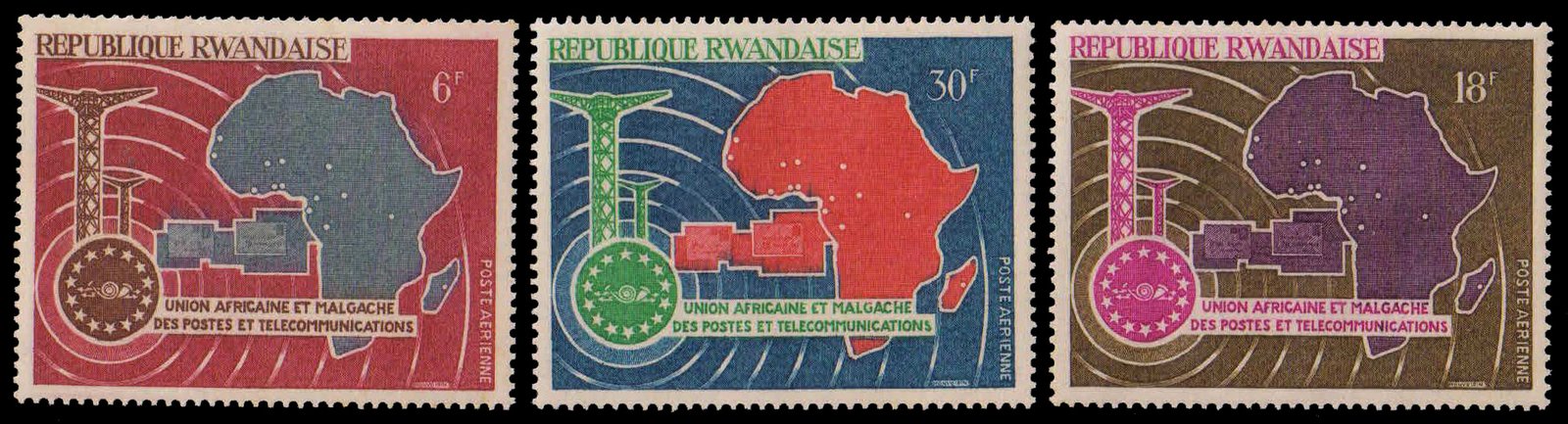 RWANDA 1967-5th Anniv. of UAMPT, Map of Africa, Letter, Pylons, Set of 3, MNH, S.G. 230-32