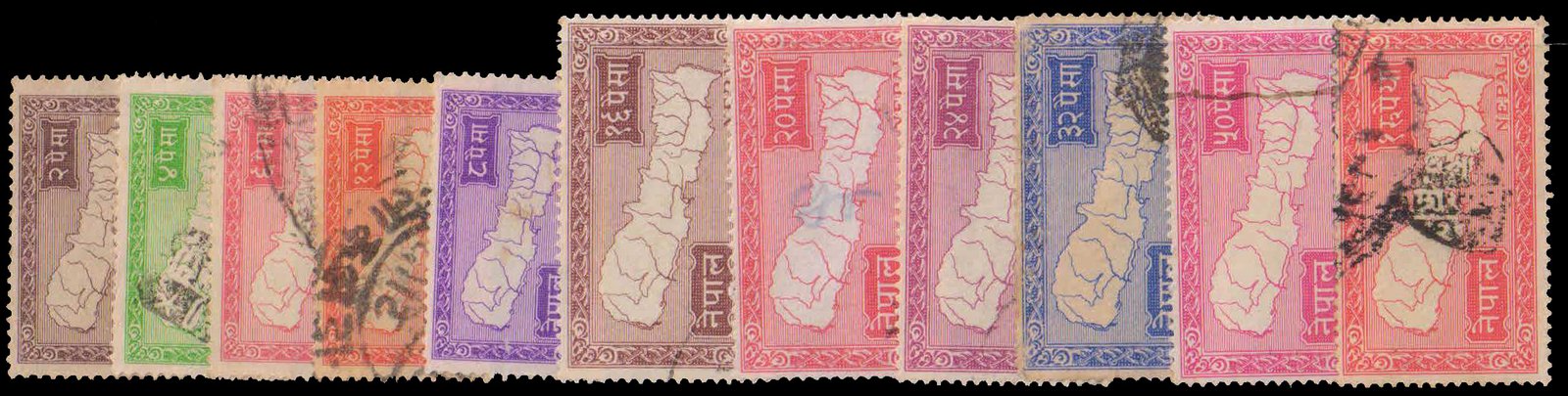 NEPAL 1954-Map of Nepal-2 Pies to 1 Re., Postally Used, 11 Different Stamps, S.G. 85 to 95, Cat £ 36