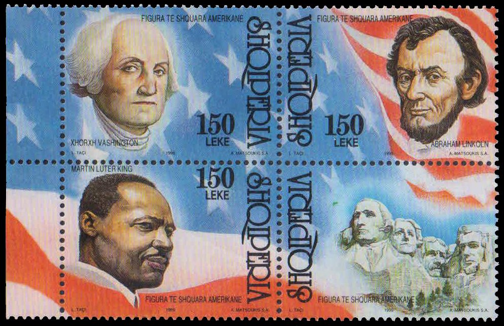 ALBANIA 1999-Famous Americans, George Washington, Abraham Lincoln, Martin Luther King Jr., Block of 3+Label, MNH, S.G. 2718-20