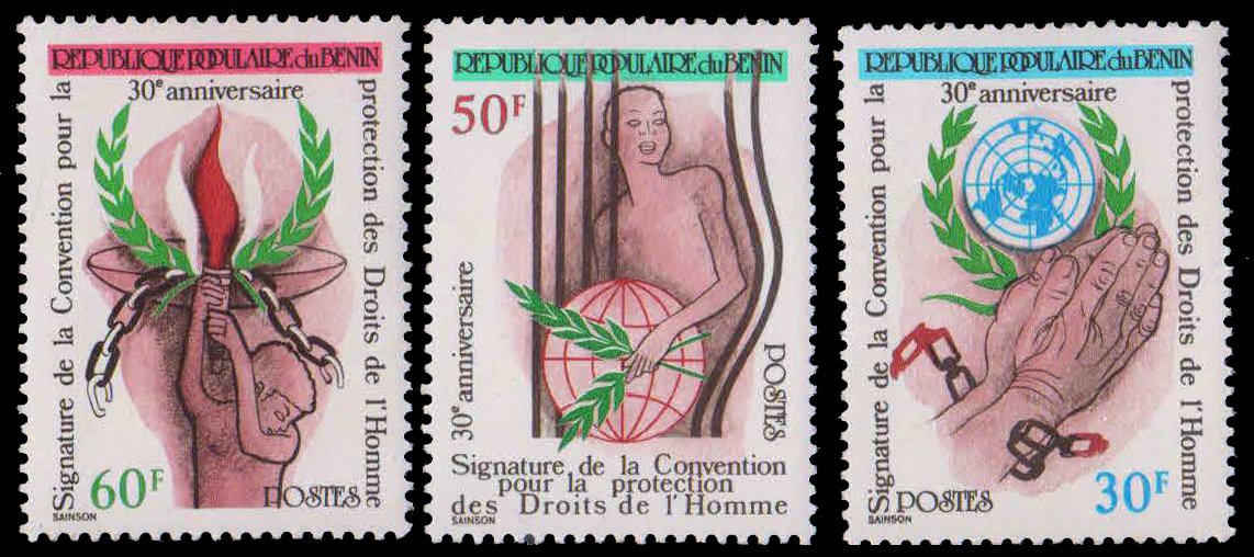 BENIN 1980-30th Anniv. of Singing of Human Rights Convention, Freedom Symbols, Set of 3, MNH, S.G. 816-18
