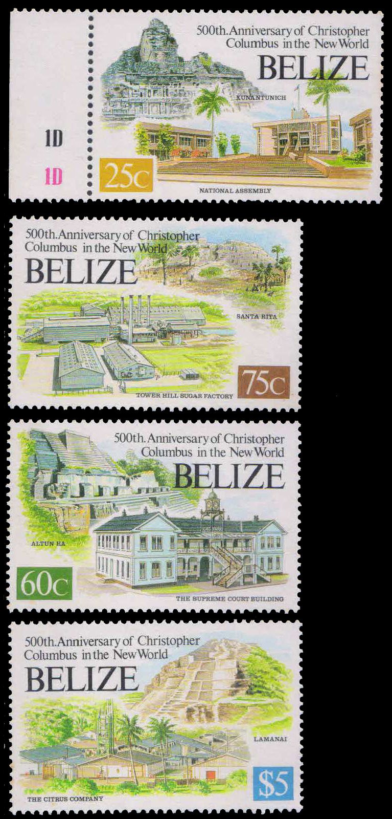 BELIZE 1992-500th Anniv. of Discovery of America by Columbus, Mayan Sites & Modern Building, Set of 4, MNH, S.G. 1130-33