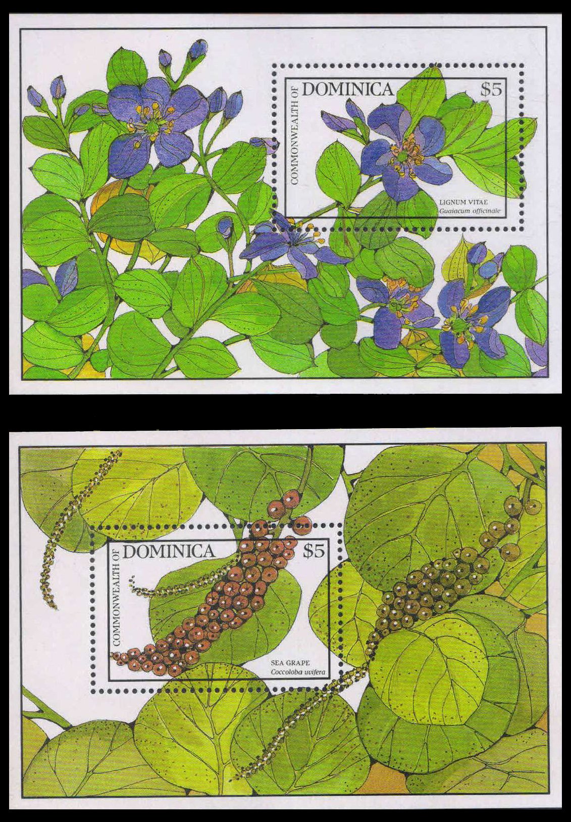 DOMINICA 1988-Flowering Trees, Lignun Vitae, Sea Grape, Set of 2 M/S, MNH, S.G. MS 1171 a-b