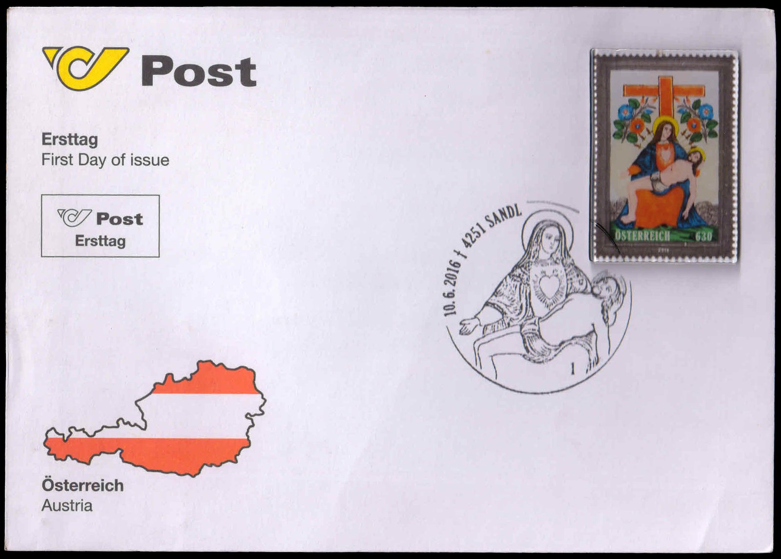 AUSTRIA 2016-World First Glass Stamp-1 Value on First Day Cover-Odd Shape, S.G. 3405