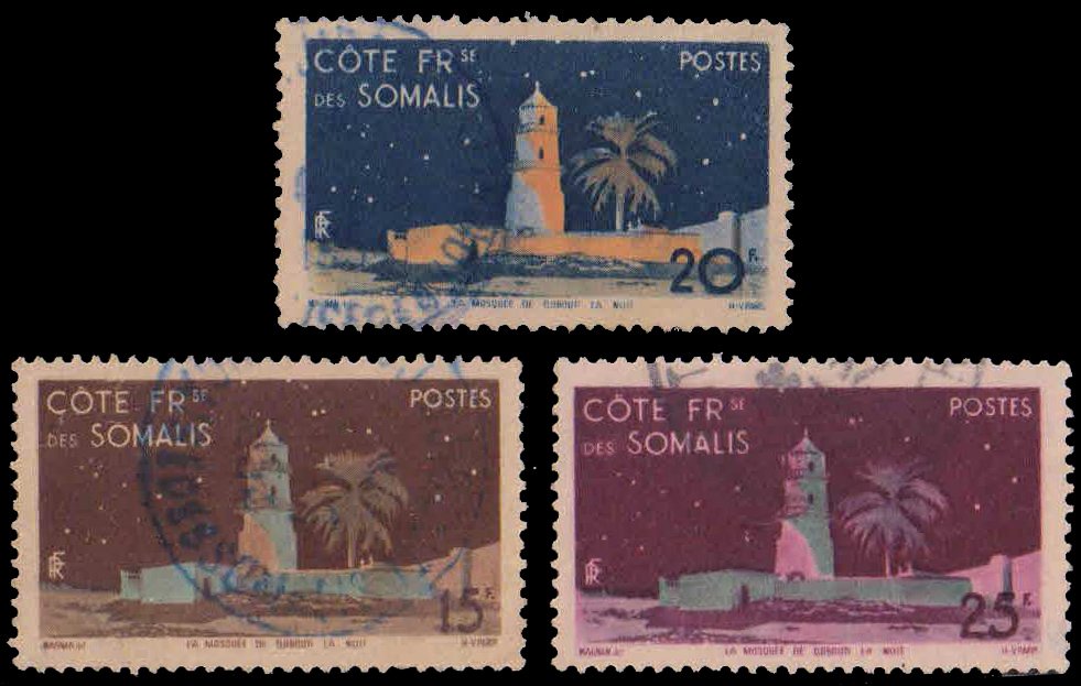 FRENCH SOMALI COAST 1947-Mosque-Islam-Set of 3 Used Stamps-S.G. 409-411-Cat £ 4.60