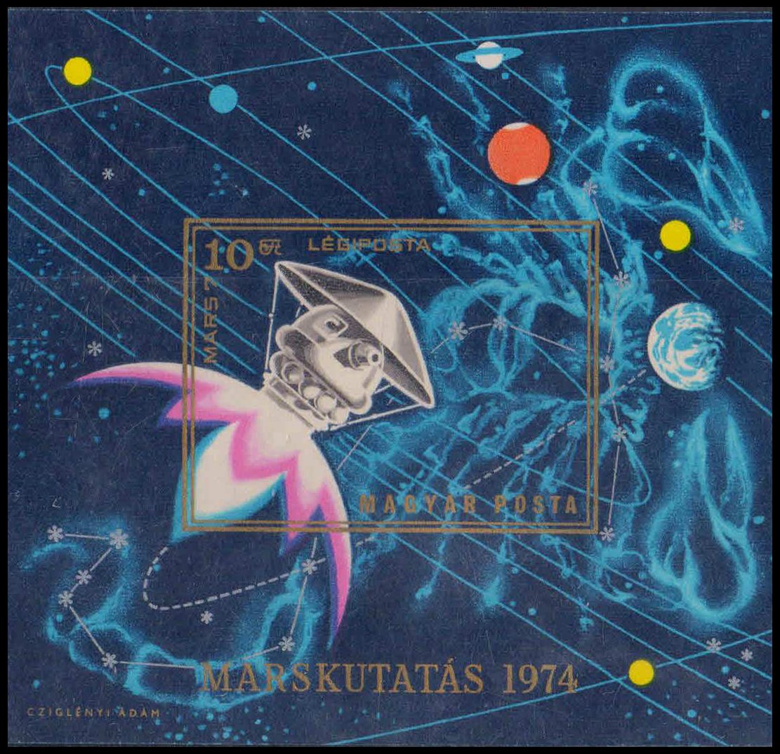 HUNGARY 1974-Mars Research Project, Mars 7 in Space-Miniature sheet Imperf, MNH, S.G. MS 2874
