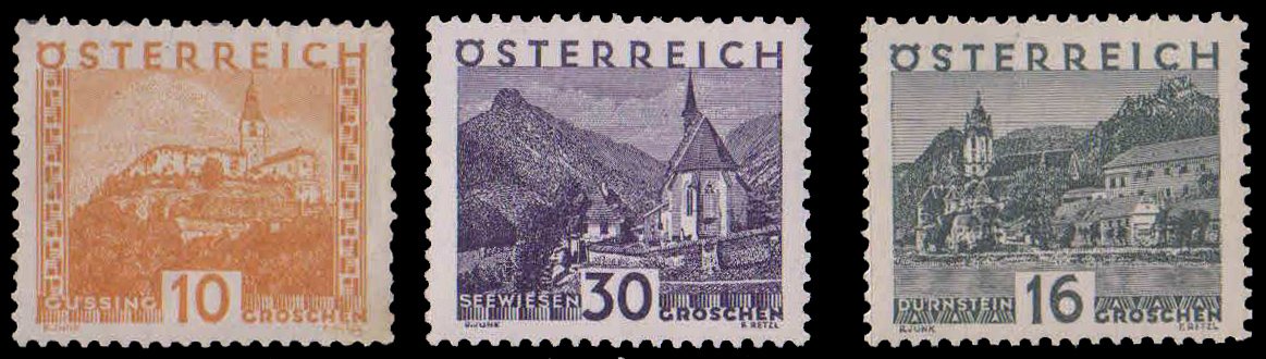 AUSTRIA 1929-Views, Guessing, Durnstein, Seewiesen, Set of 3, Mint Hinged, S.G. 646, 649, 654, Cat � 13.50