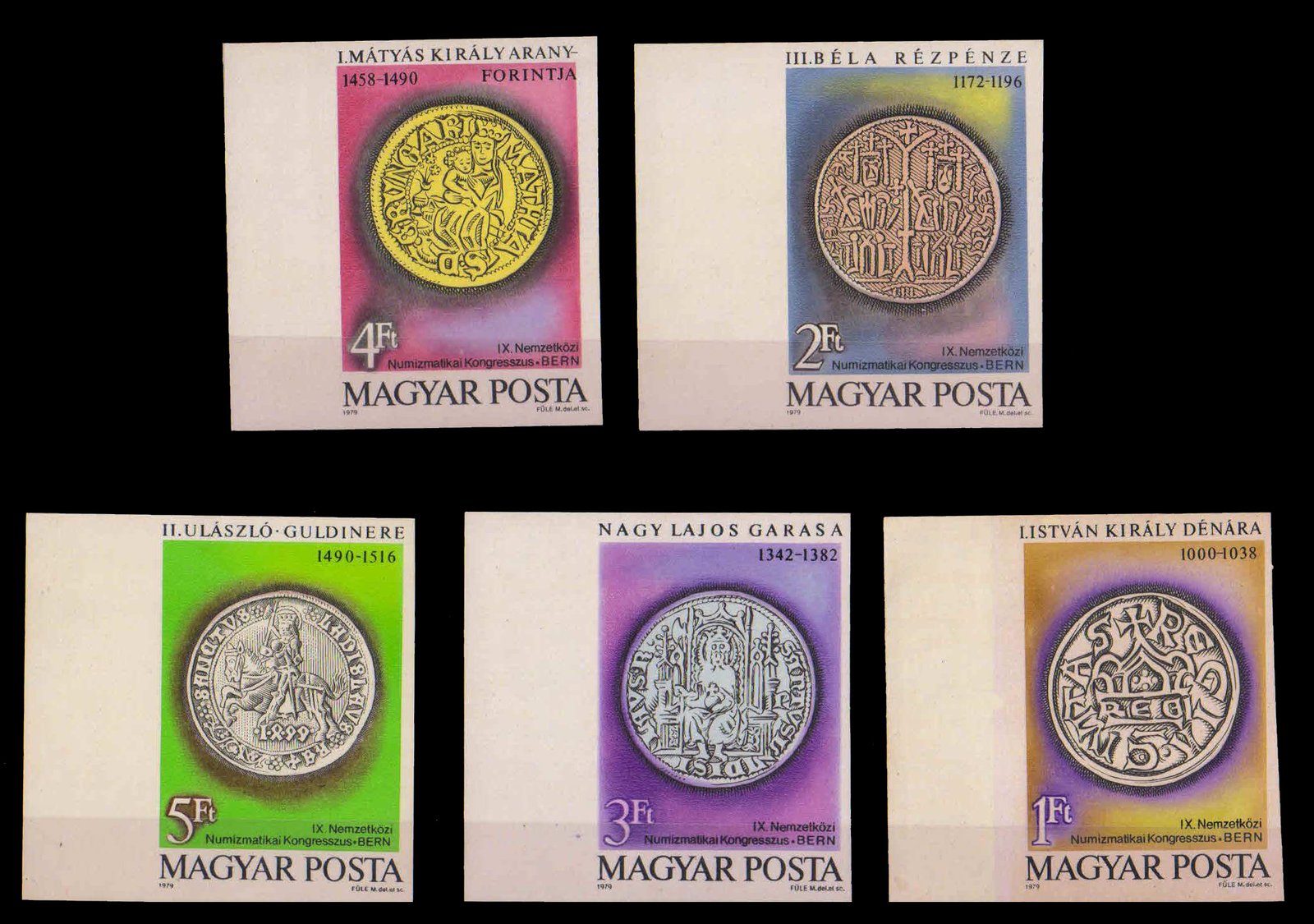 HUNGARY 1979, 9th International Numismatic Congress, Old Hungarian Coins, Set of 5 Imperf Stamps, MNH, S.G. 3265-3269