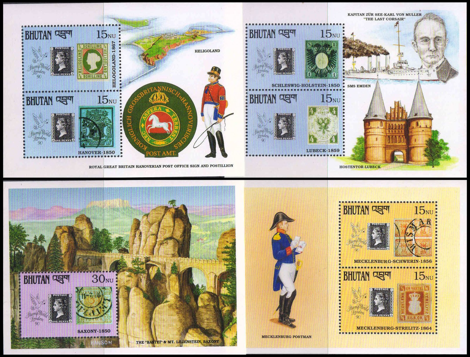 BHUTAN 1990-London 1990 International Stamp Exhibition, 150th Anniv. of Penny Black, Stamp on Stamp, Set of 4 Different Sheets-Cat £ 24-