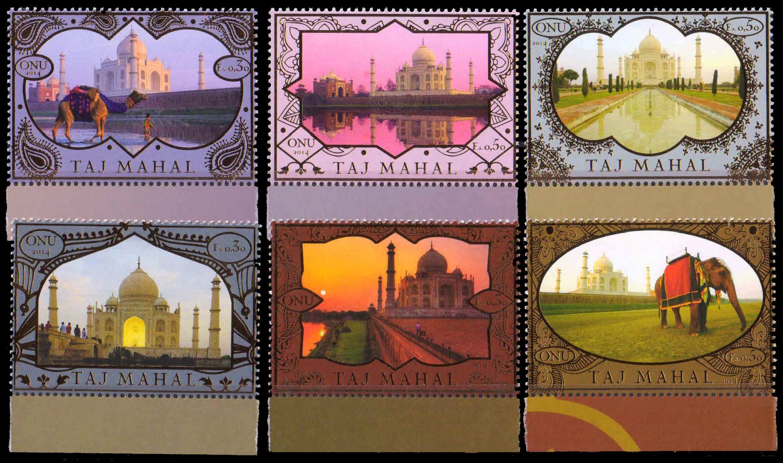 UNITED NATIONS 2014 - Taj Mahal, Set of 6, Gold Embossed Stamps. MNH