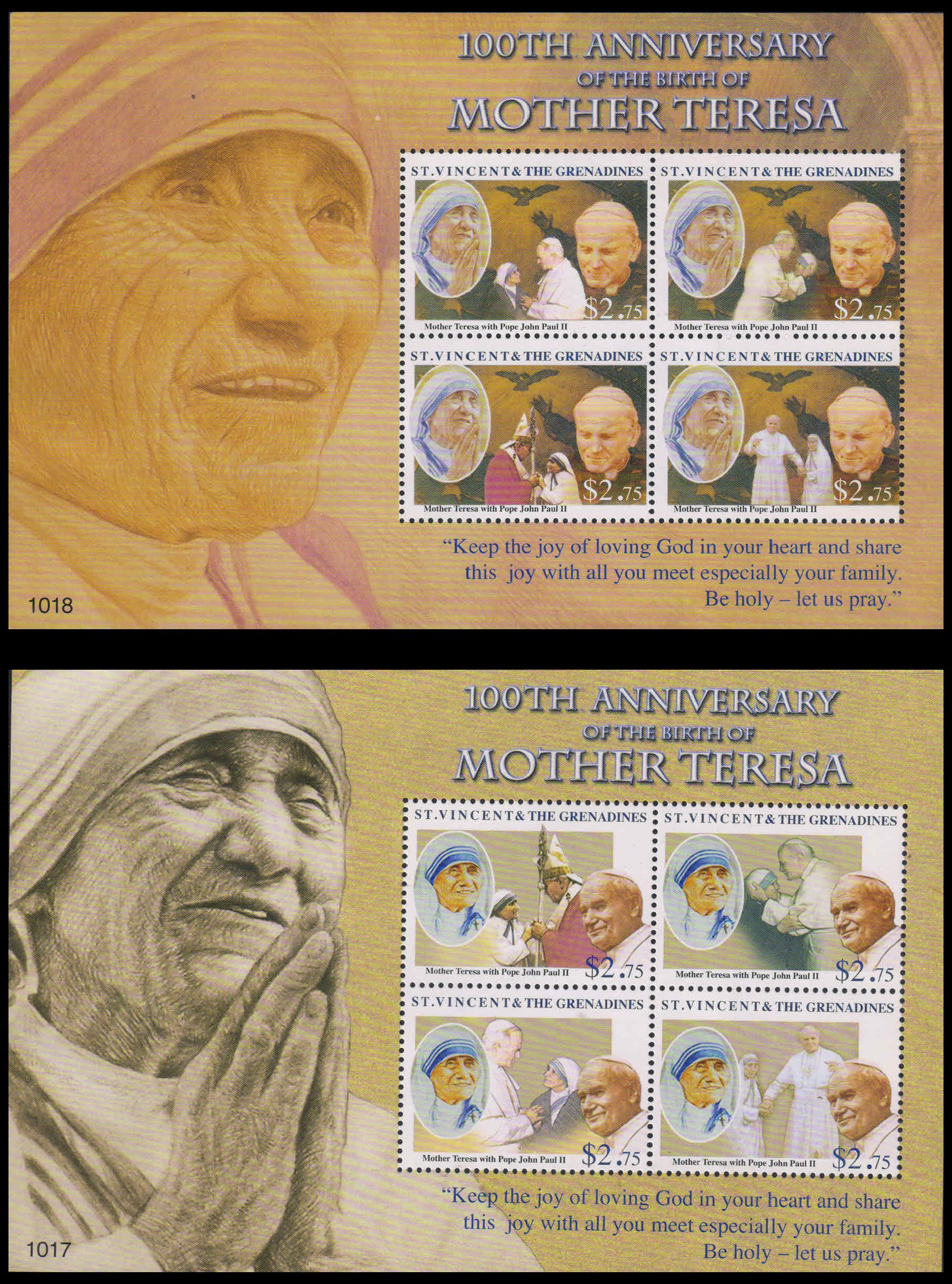 ST. VINCENT 2010-Birth Cent. of Mother Teresa, Set of 2 Sheetlets (8 Stamps), MNH, Pope John Paul II, S.G. MS 5839 & 5840-Cat � 32