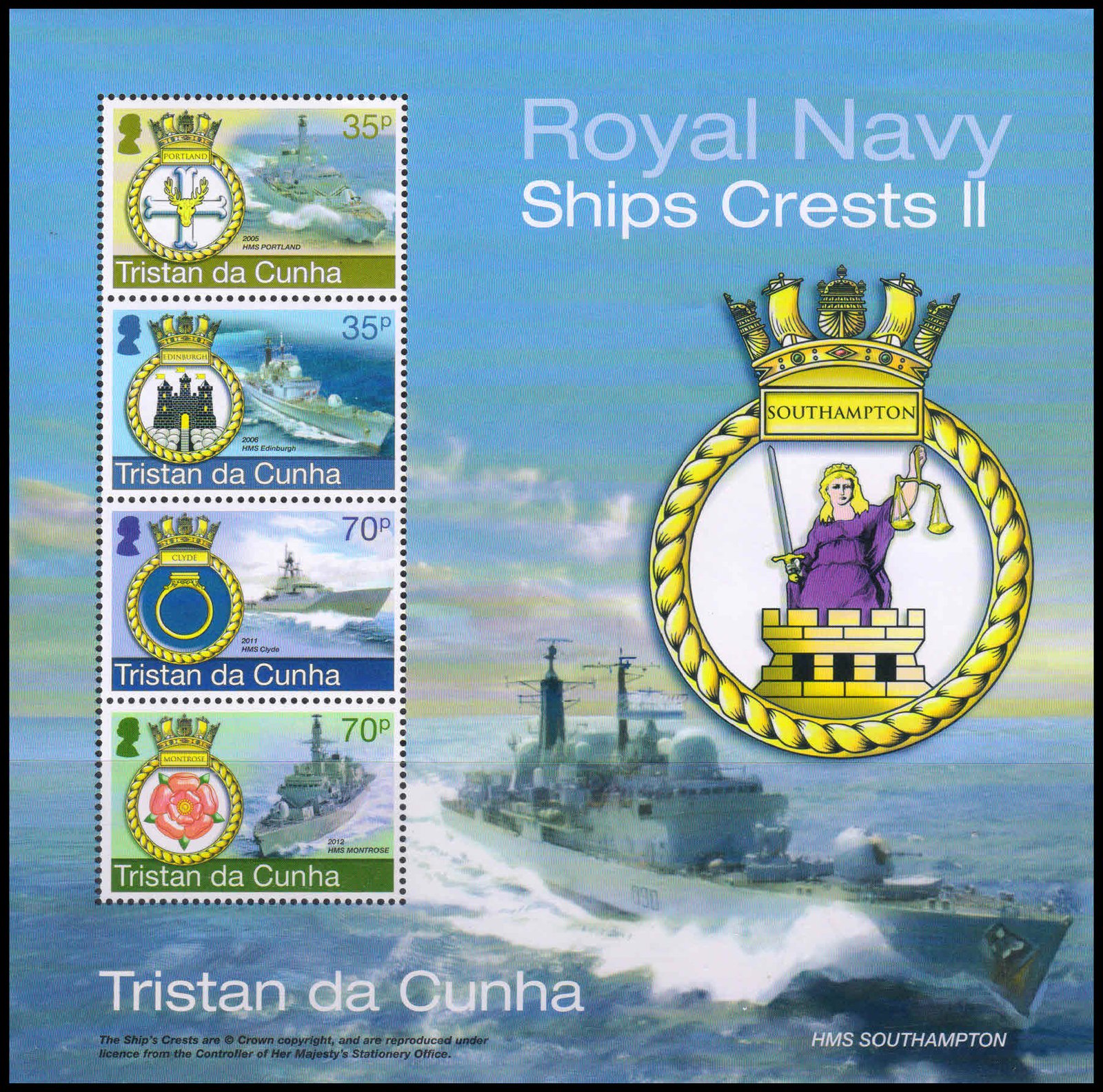 TRISTAN DA CUNHA 2012-Ships Creast, Miniature Sheet of 4, MNH, S.G. MS 1058-Cat £ 10-