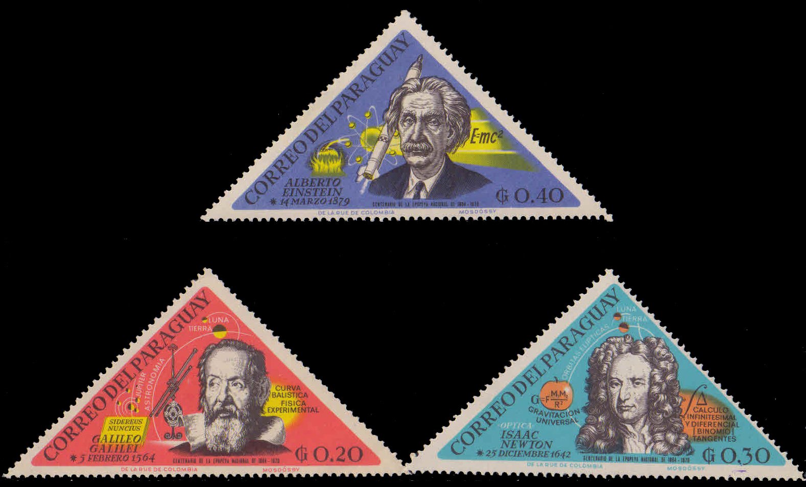 PARAGUAY 1965-Famous Scientists-Einstein, Newton & Gallileo Gali, Triangular Shaped-3 Different Stamps,  MNH