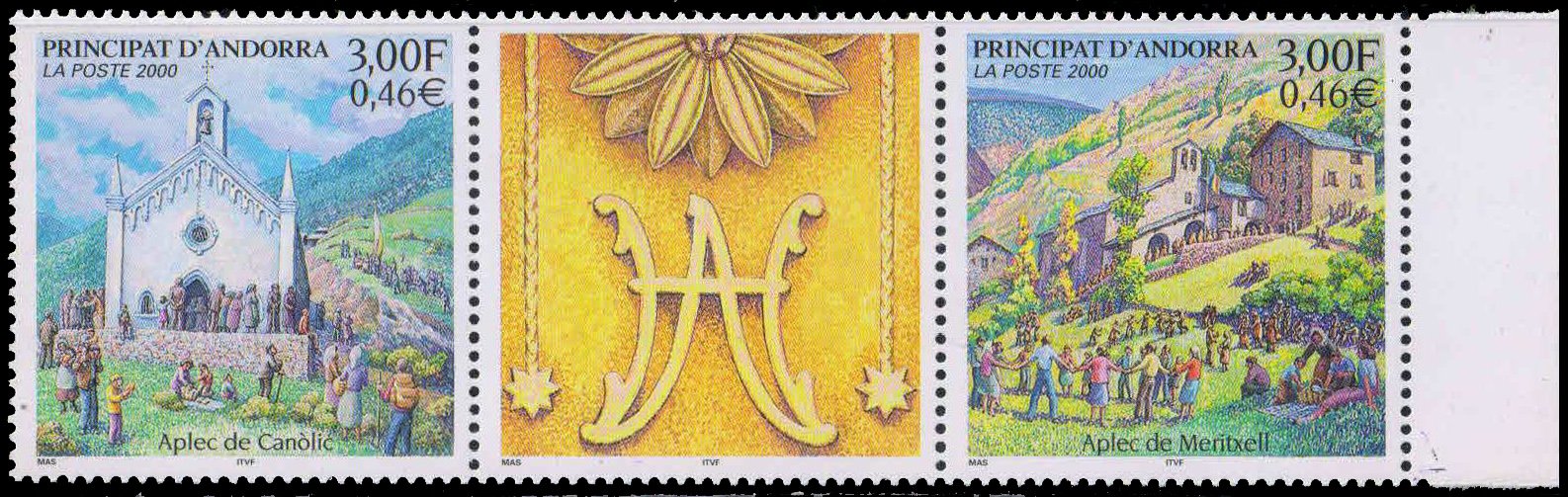 ANDORRA (French) 2000-Church (Canolich Festival) Our lady Chapel (Meritxell Festival), Set of 2 Stamps, MNH, S.G. F569-70-Cat � 5.50
