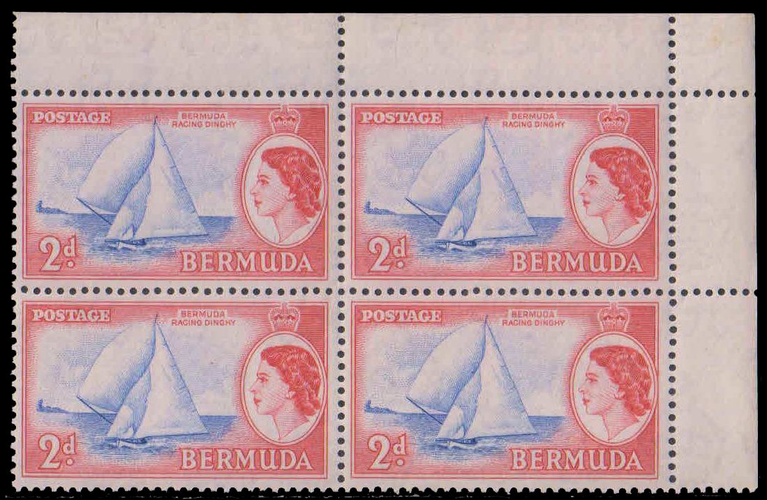 BERMUDA 1953-Racing Dinghy-Boat & Head of Queen Elizabeth-Corner Block of 4, MNH, White Gum, S.G. 138