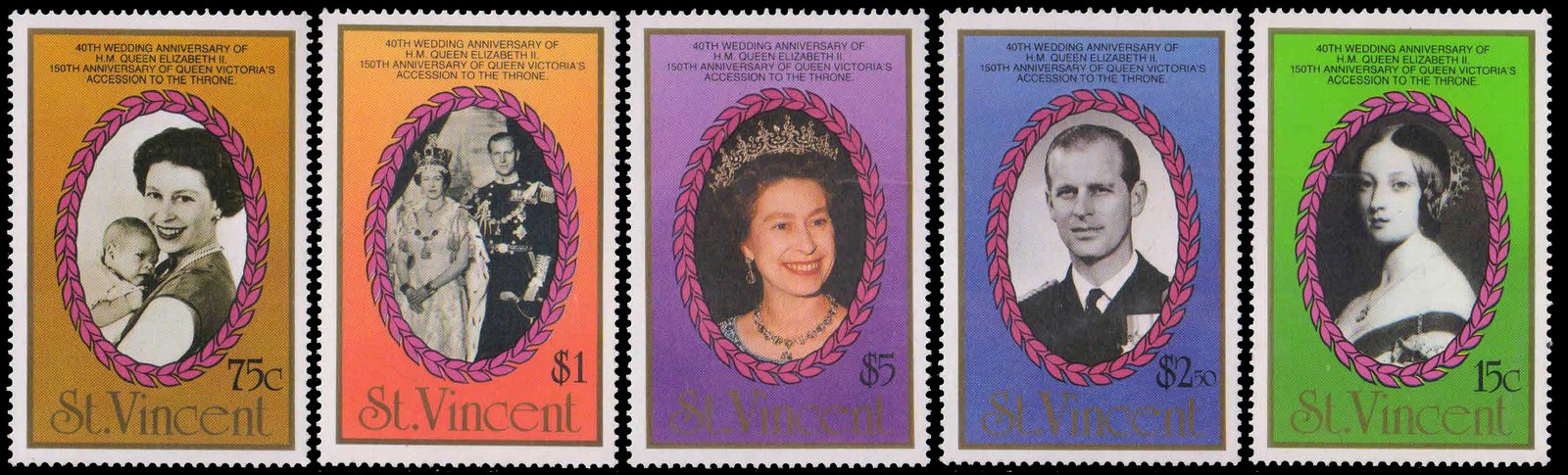 ST. VINCENT 1987-Royal Ruby Wedding, 150th Anniv. of Queen Victoria Accession, Queen Elizabeth, Set of 5, MNH, S.G. 1079-83