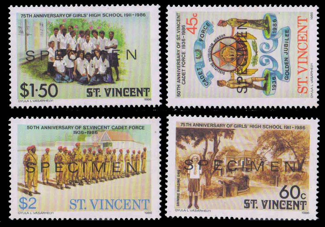 ST. VINCENT 1986-50th Anniv.of St. Vincent Cadet Forec, 75th Anniv. of Girls High School, Set of 4 Stamps, SPECIMEN, MNH, S.G. 1018-21
