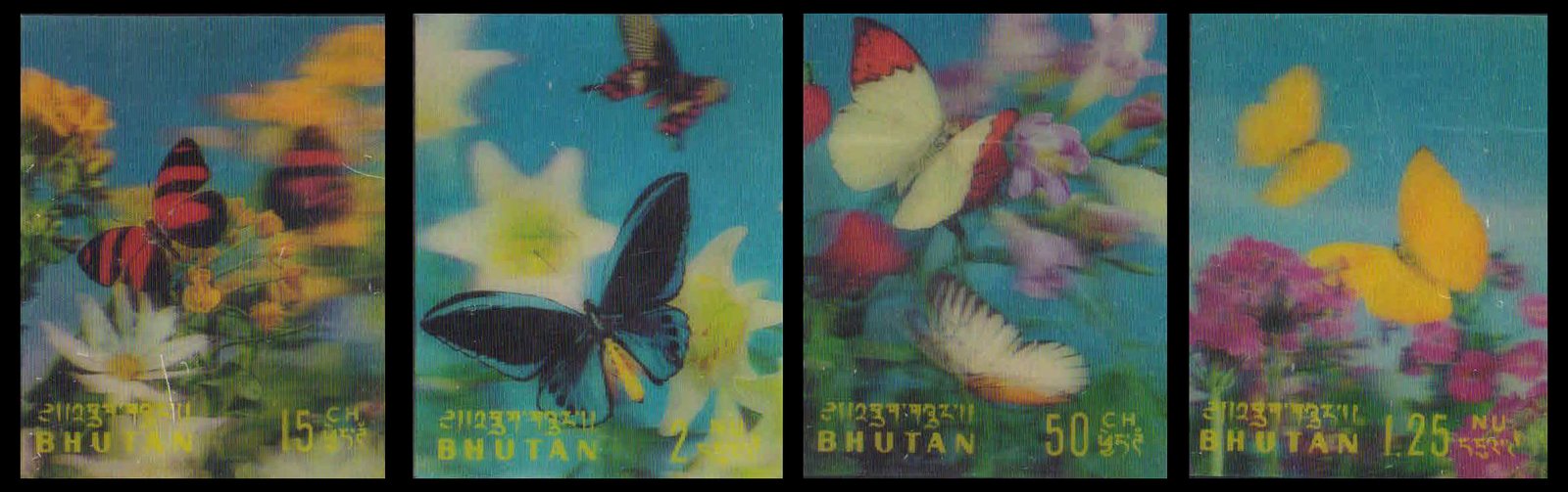 BHUTAN 1968-Butterflies-4 Different, 3-D Stamps (Plastic Surfaced)