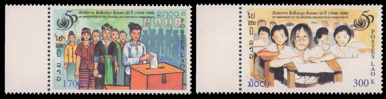 LAOS 1998-50th Anniv. of Universal Declaration of Human Rights, Children in Class, Women Voting, Set of 2, S.G. 1630-31-Cat � 6.50