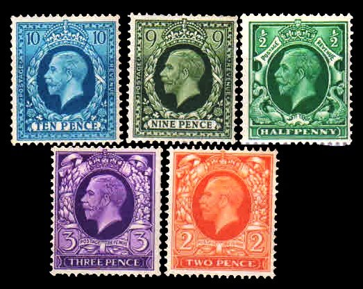 GREAT BRITAIN 1934 (England) - King George V. Solid Background. 5 Different. Mint. S.G. 439-448. Cat � 30