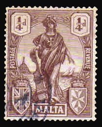 MALTA 1922 - Emblematic Figure of Malta. 1/4d Brown. 1 Value Used. 100 Year Old Stamps