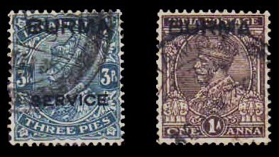 BURMA 1937 - 2 Different Stamp of India. King George V. Overprint Burma Used Stamps